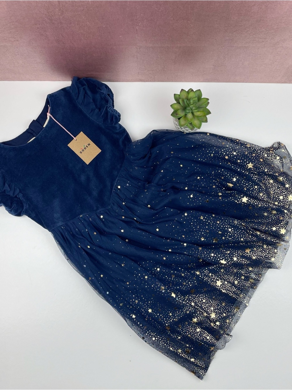 Mini Boden Blue Velvet Gold Stars Sparkle Tulle Dress New With Tag Girl 6-7